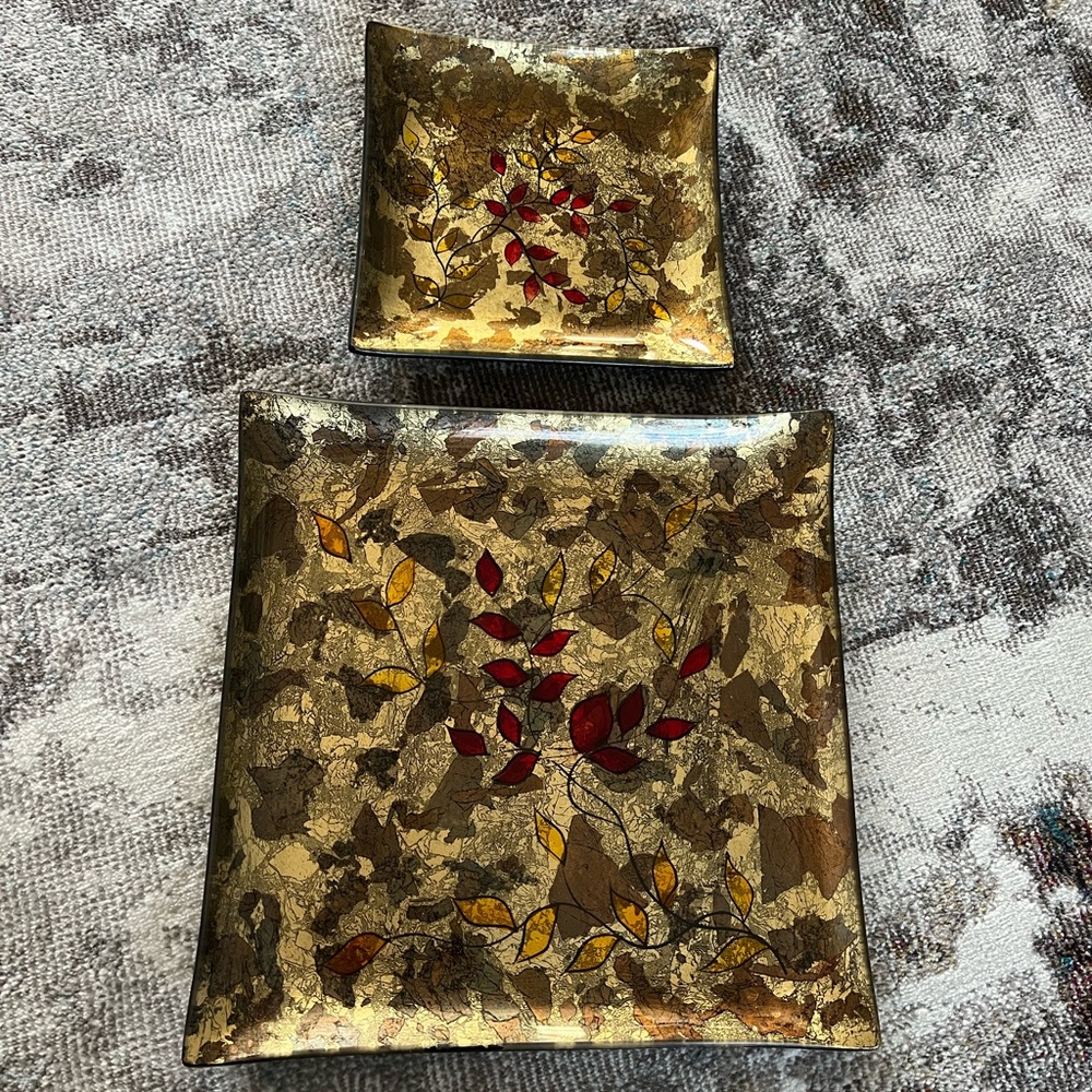 Two piece Catch All glass art tray set neutrals red yellow decorative bundle EUC - Picture 5 of 9